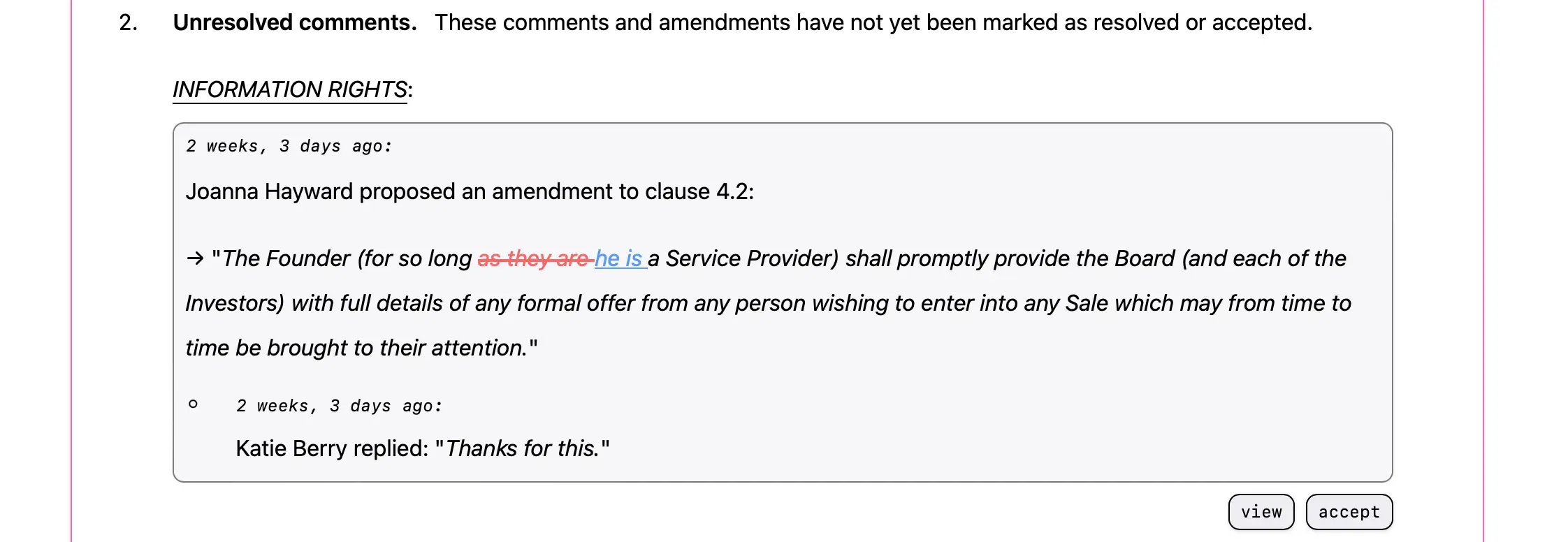 A screenshot showing unresolved and unaccepted proposed changes by a party