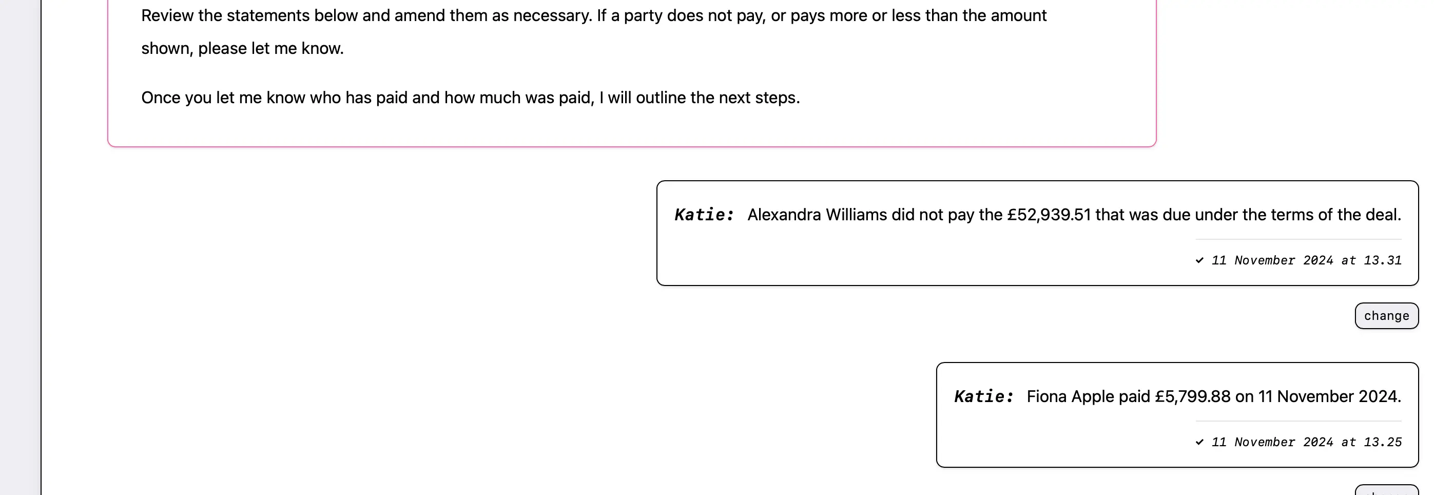 A screenshot of how you notify RoboLawyer that a party has not met their obligations