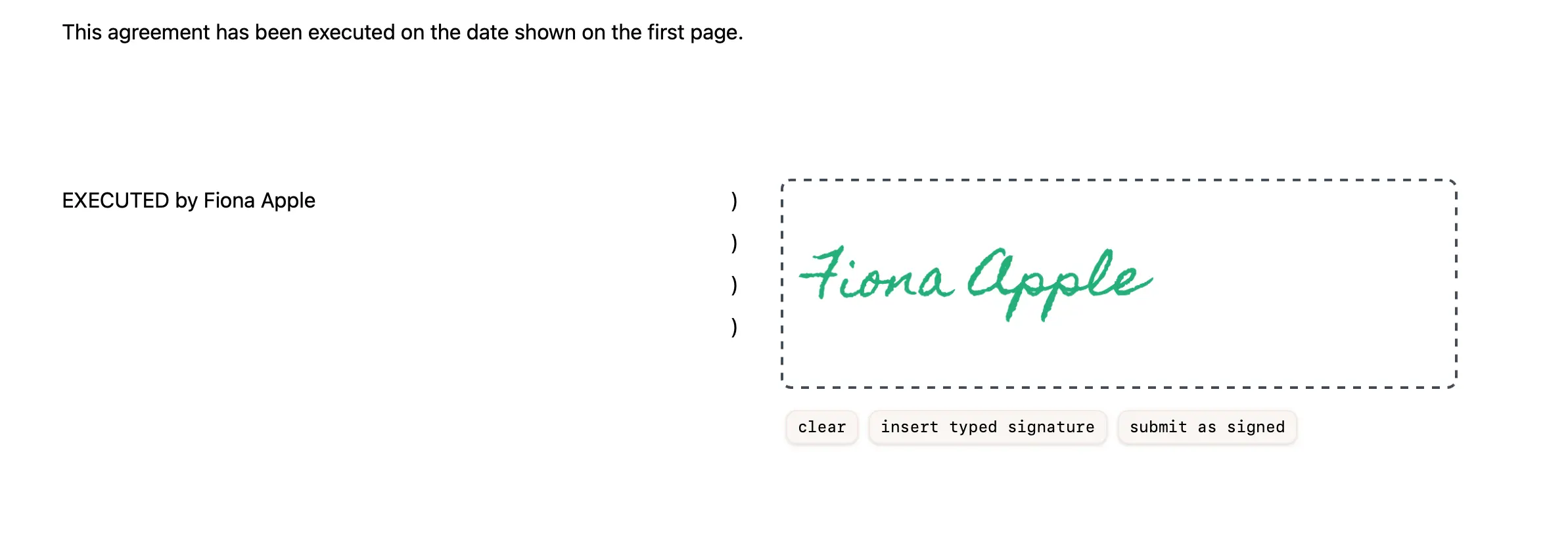 A screenshot showing how a party signs a document