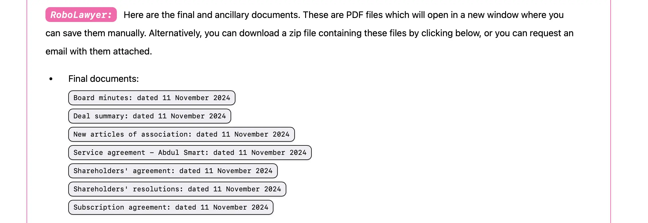 A screenshot demonstrating the final documents made available on closing a deal