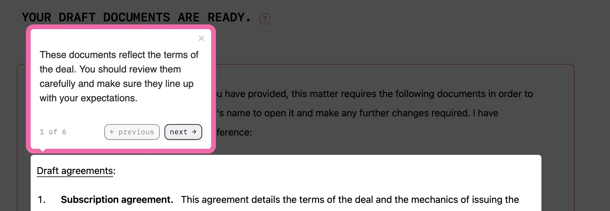 A screenshot showing further guidance provided about what each document is about