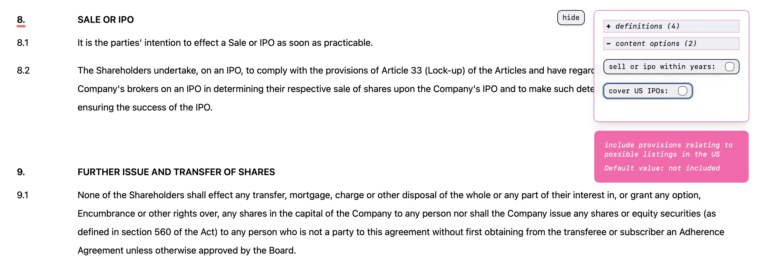 A screenshot demonstrating a clause without optional wording enabled