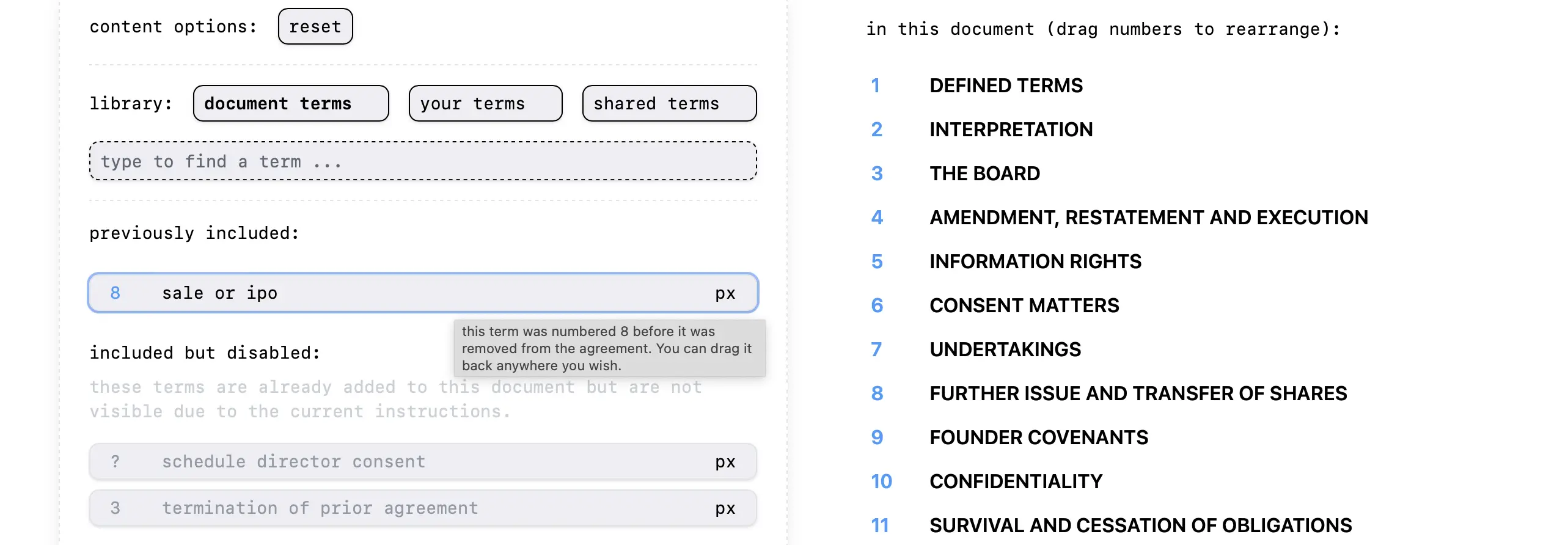 A screenshot demonstrating the result of dragging a term out of an agreement