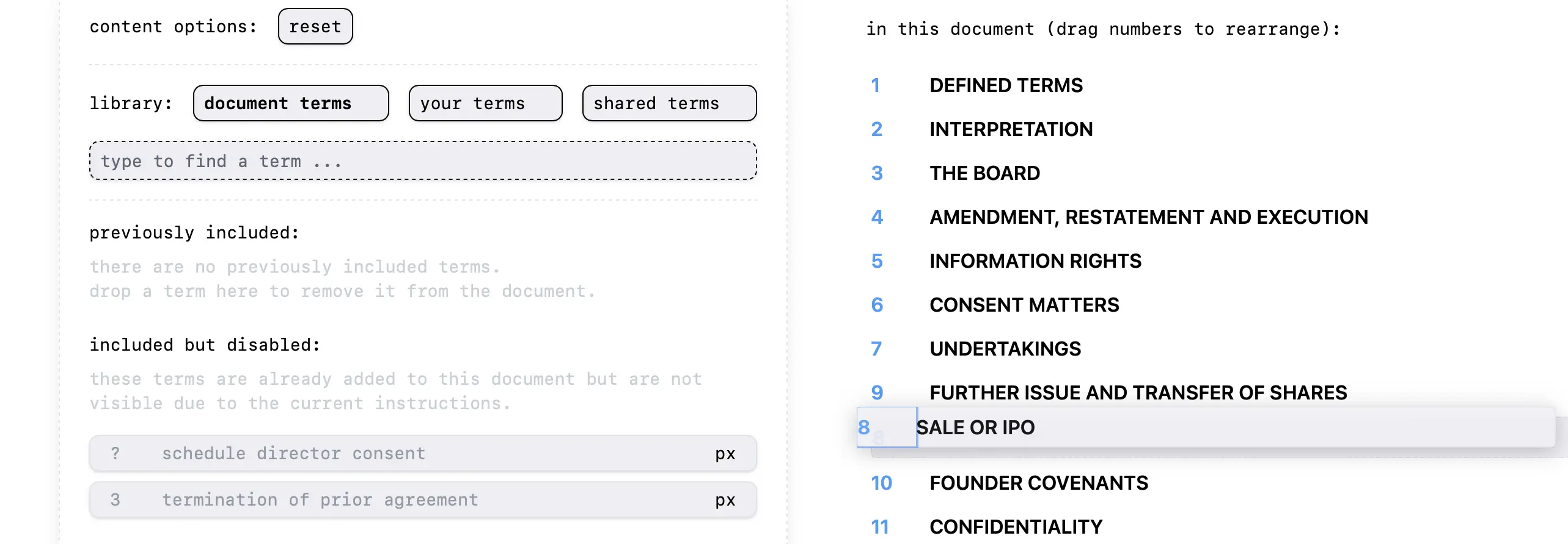 A screenshot demonstrating that a term of an agreement can be dragged around