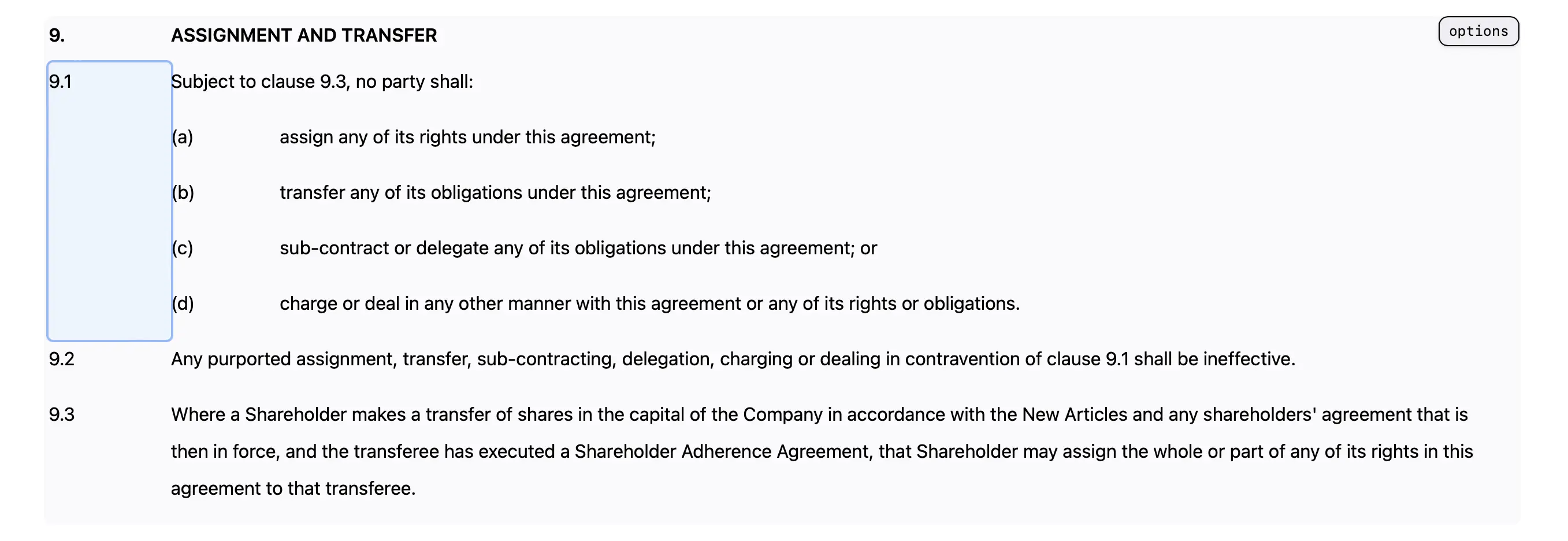 A screenshot showing a clause and its numbering before it has been dragged to reorder