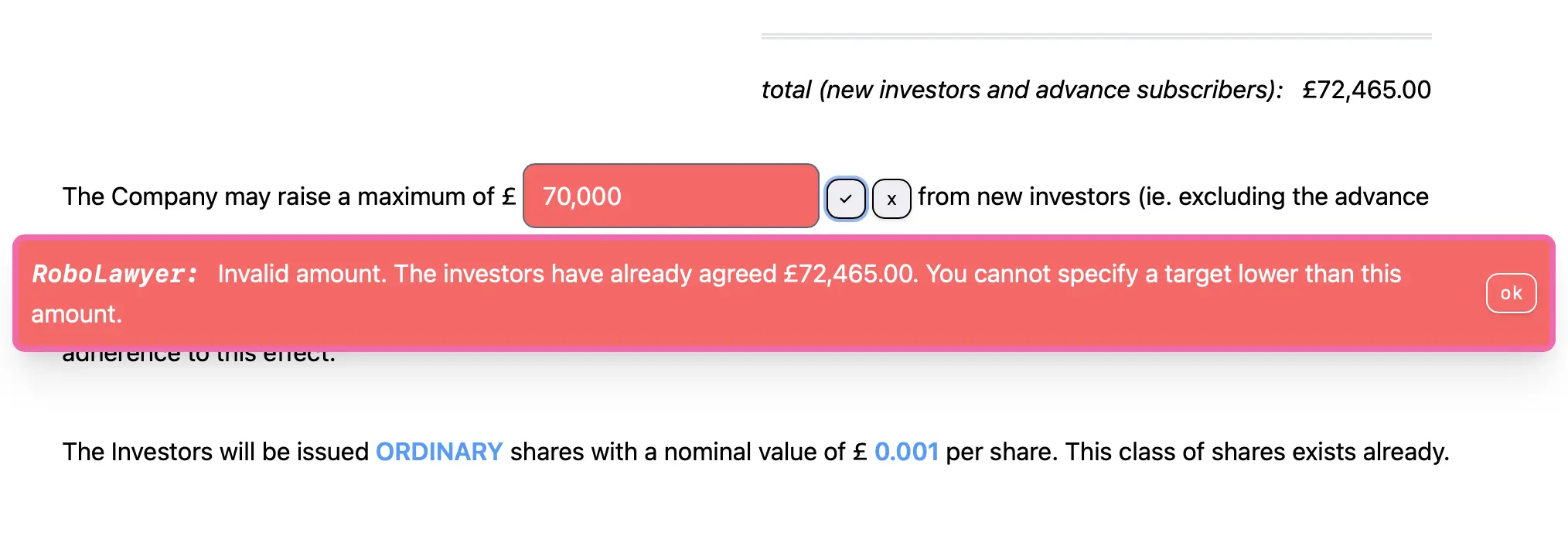 A screenshot demonstrating how RoboLawyer informs the user that some data is illogical