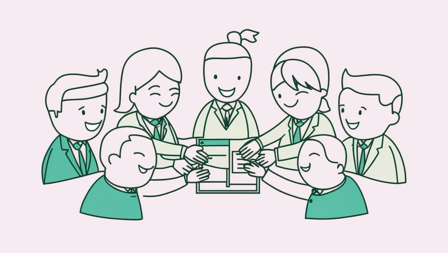 A whimsical drawing of several characterised legal documents holding hands, demonstrating mutual agreement
