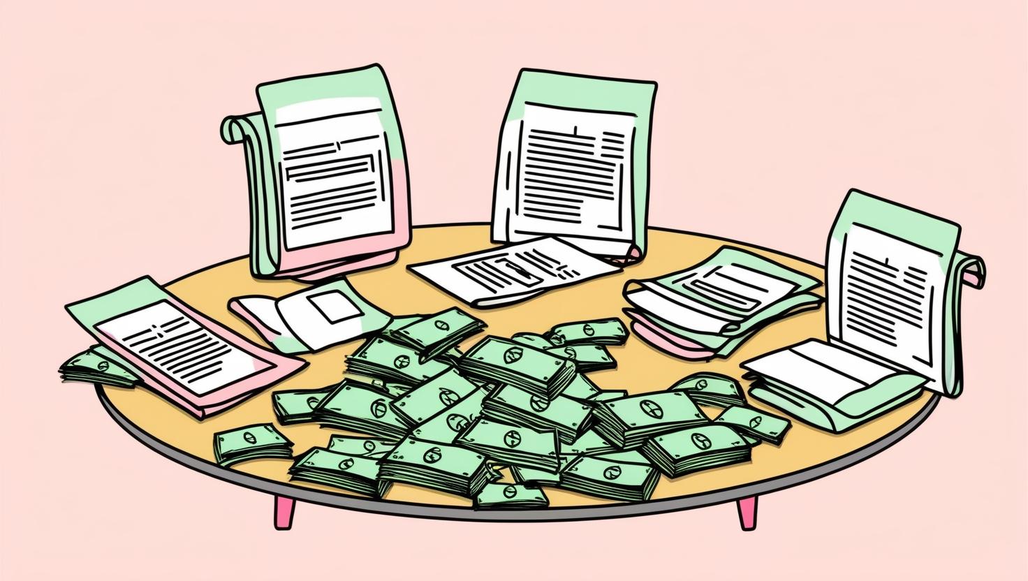 A whimsical drawing of several characterised agreements surrounding a round table full of money