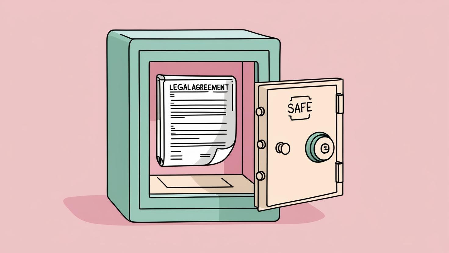 A whimsical drawing of a safe containing a legal agreement