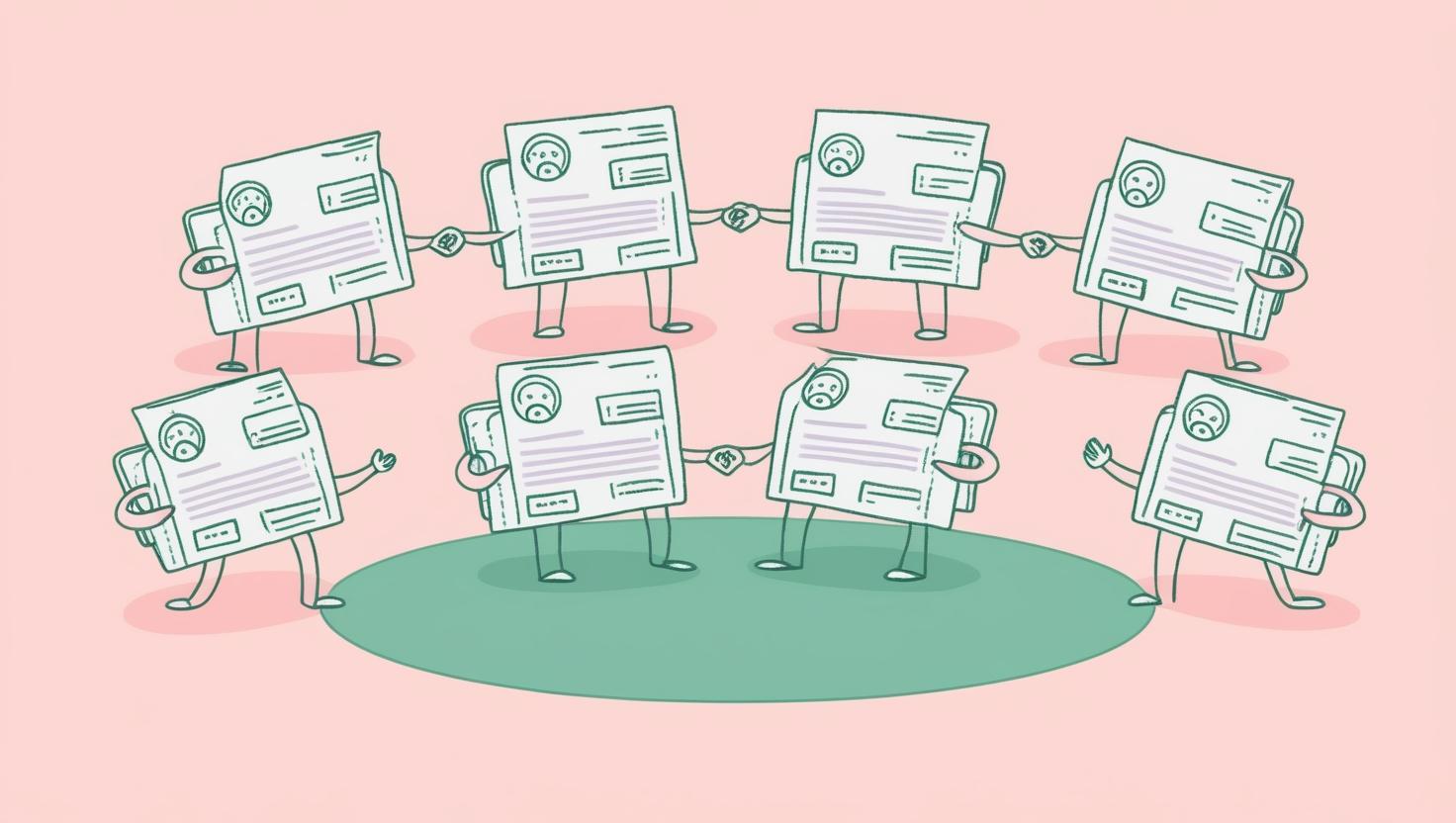 A whimsical drawing of several characterised legal documents holding hands, demonstrating mutual agreement
