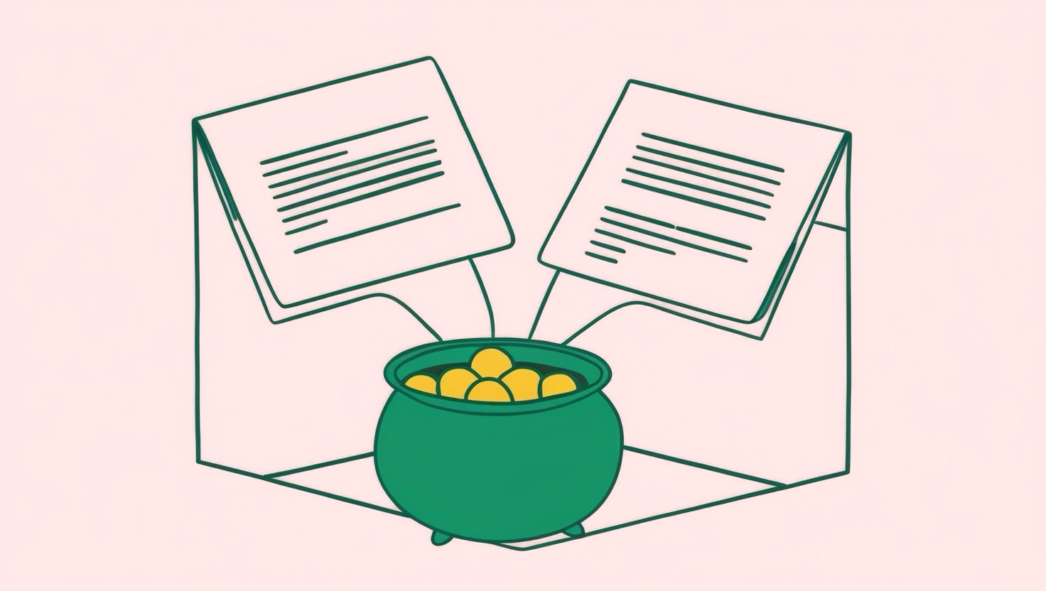 A whimsical drawing of a pot of gold surrounded by characterised legal agreements